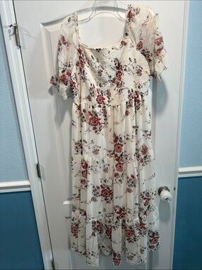 NY Collection Cream Maxi Dress with Red Floral Print